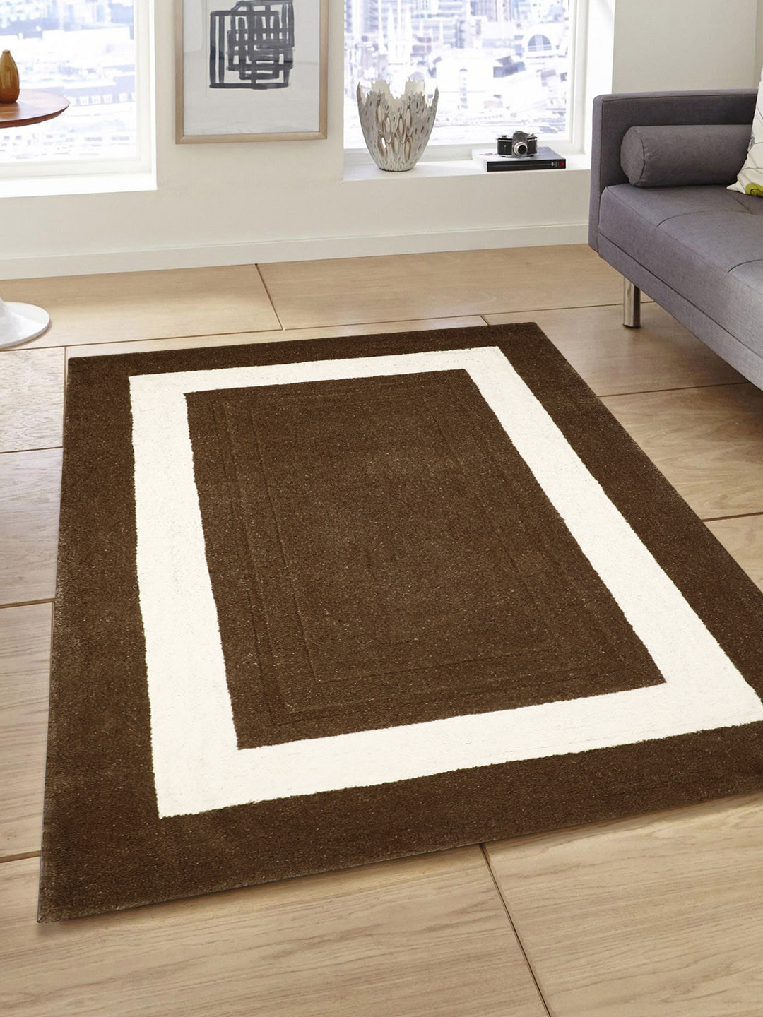 PRESTO Brown & White Colourblocked Hand Tufted Wool Anti-Skid Carpet