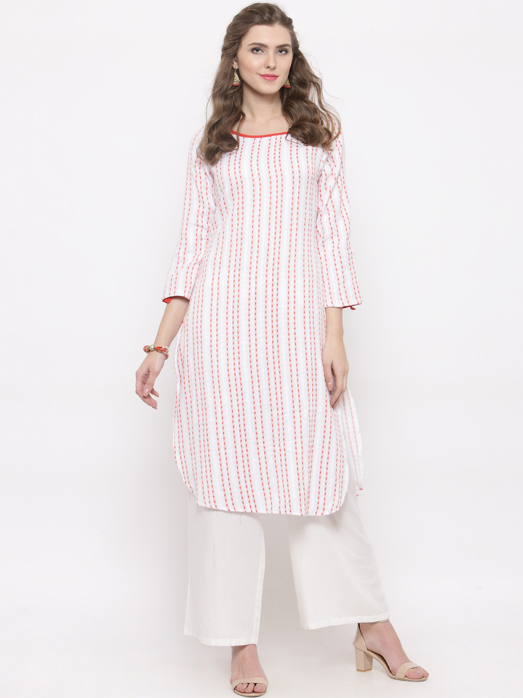 Sera Women White & Orange Striped Kurti with Palazzos