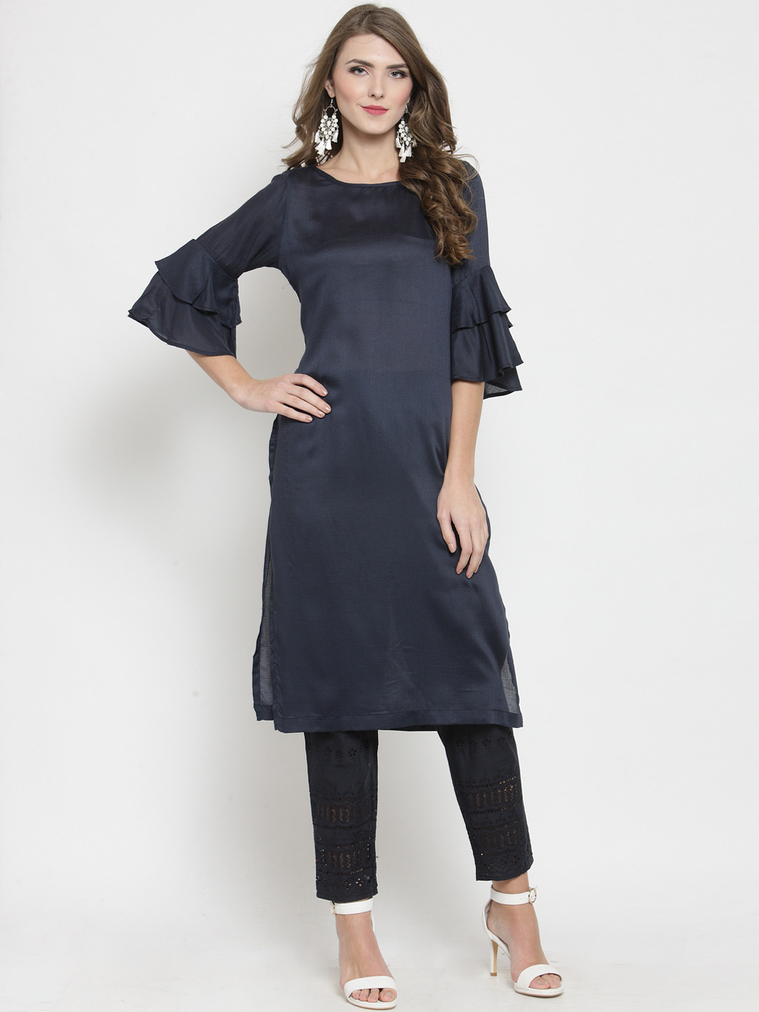Sera Women Navy Blue Solid Straight Kurta