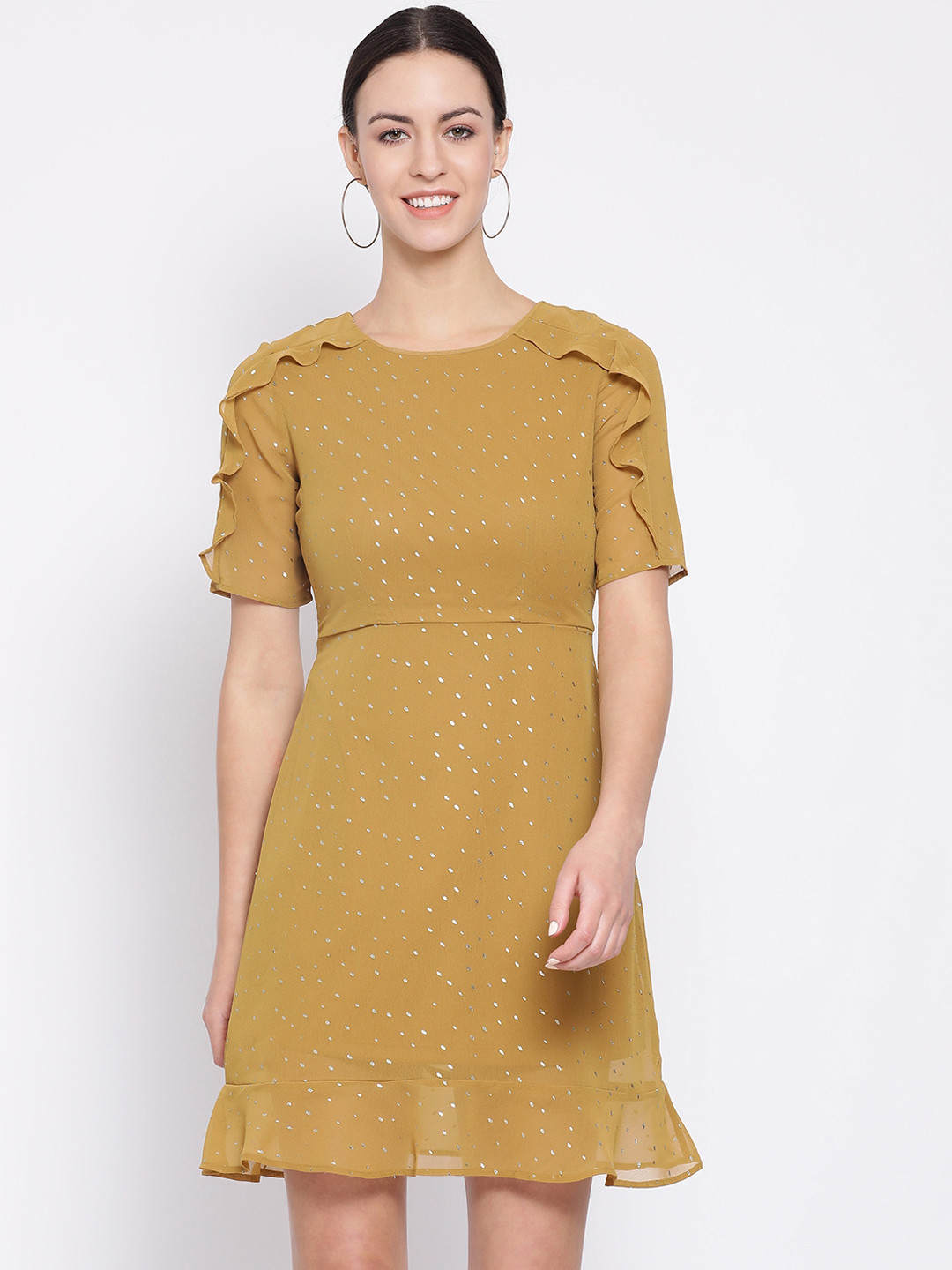 Oxolloxo Women Mustard Yellow Printed A-Line Dress