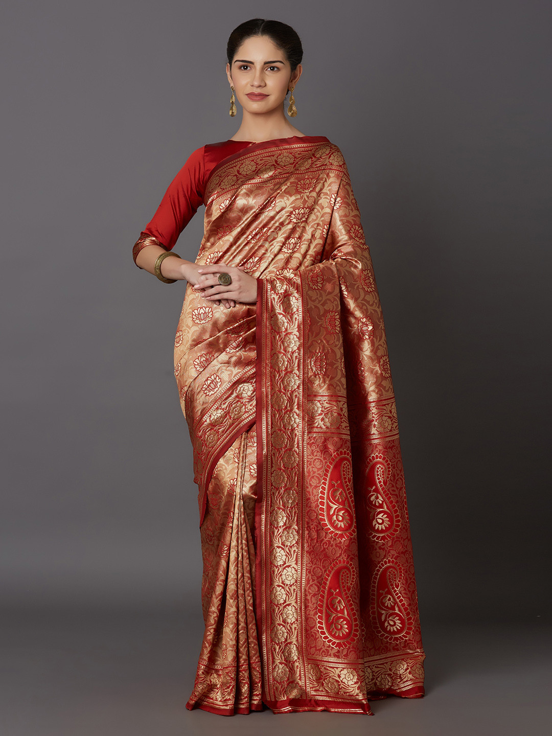 Mitera Maroon Silk Blend Woven Design Kanjeevaram Saree