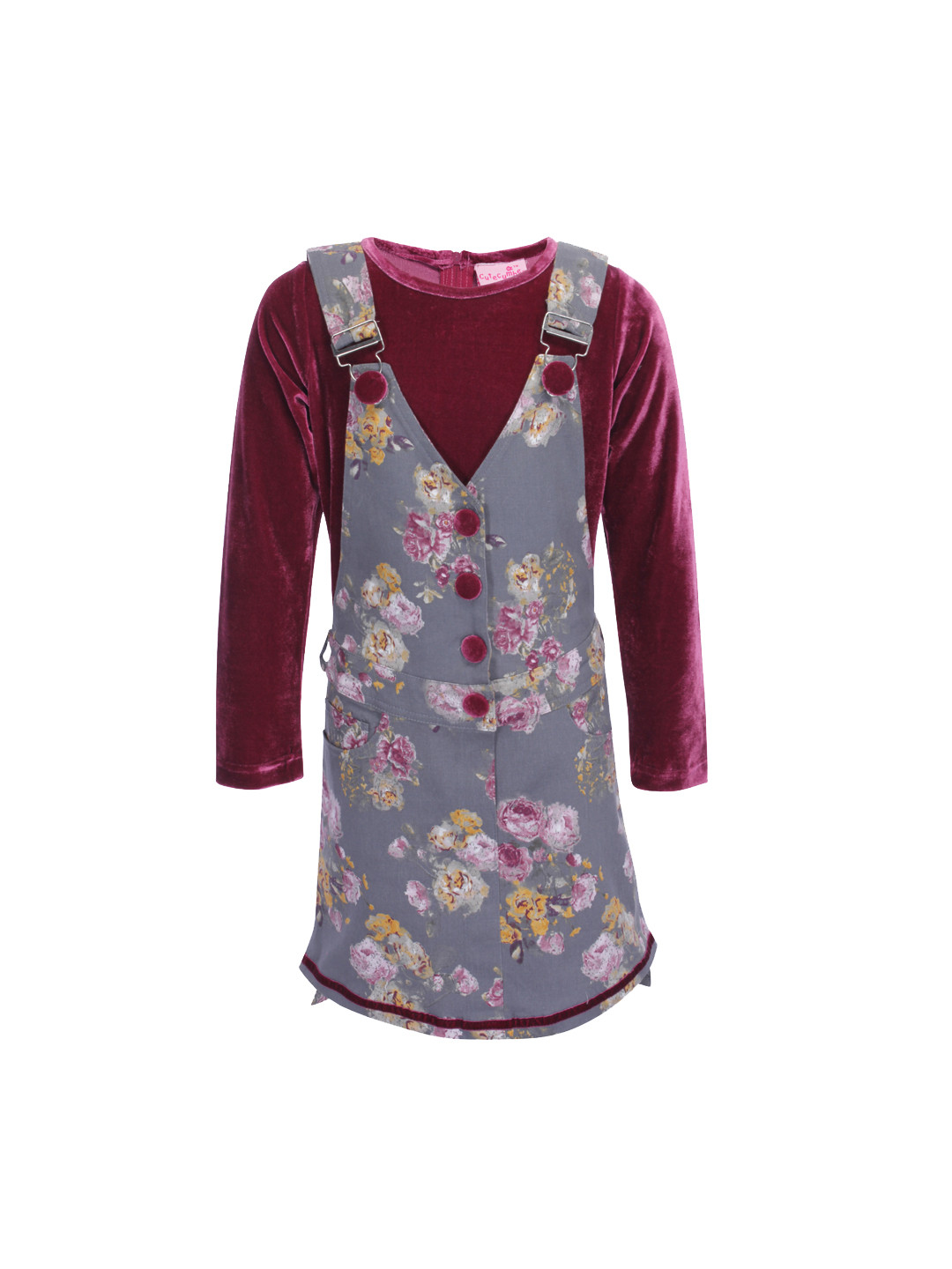 CUTECUMBER Girls Maroon Floral Printed Pinafore Dress