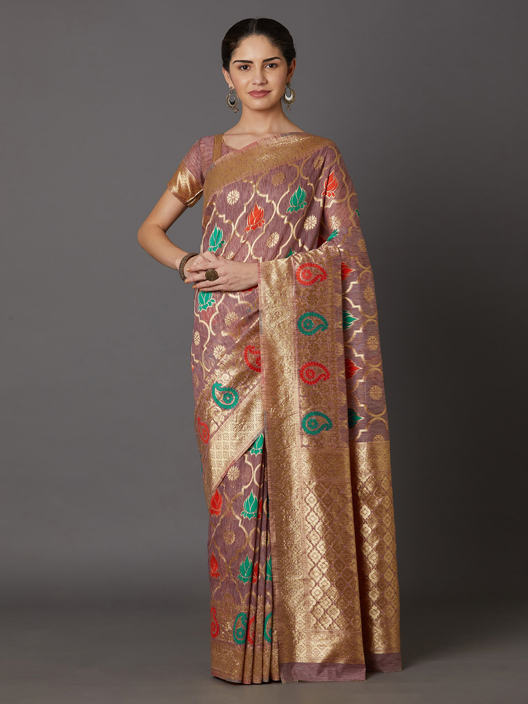 Mitera Mauve & Gold-Toned Silk Blend Woven Design Kanjeevaram Saree