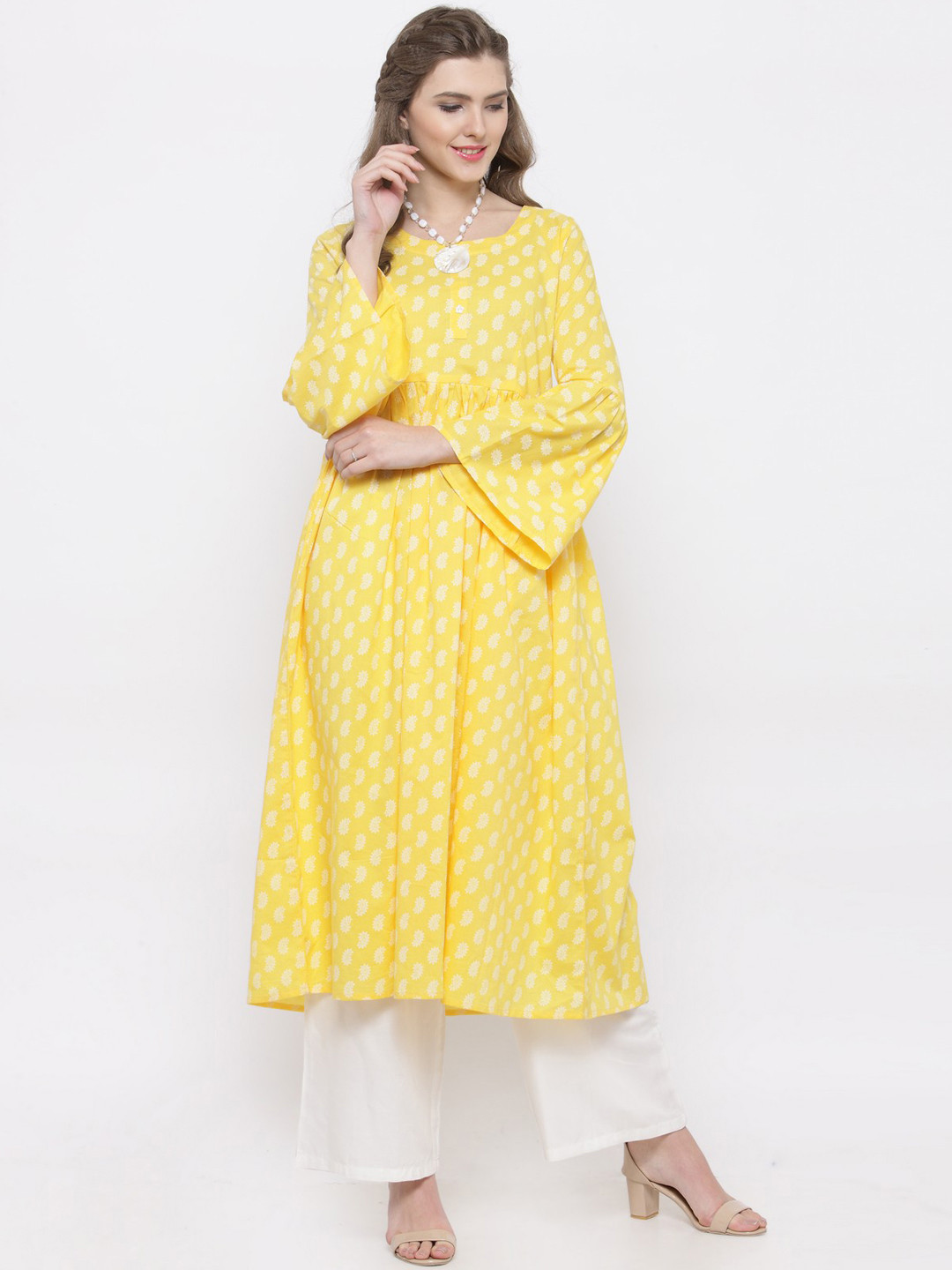 Sera Women Yellow & White Printed Kurti with Palazzos