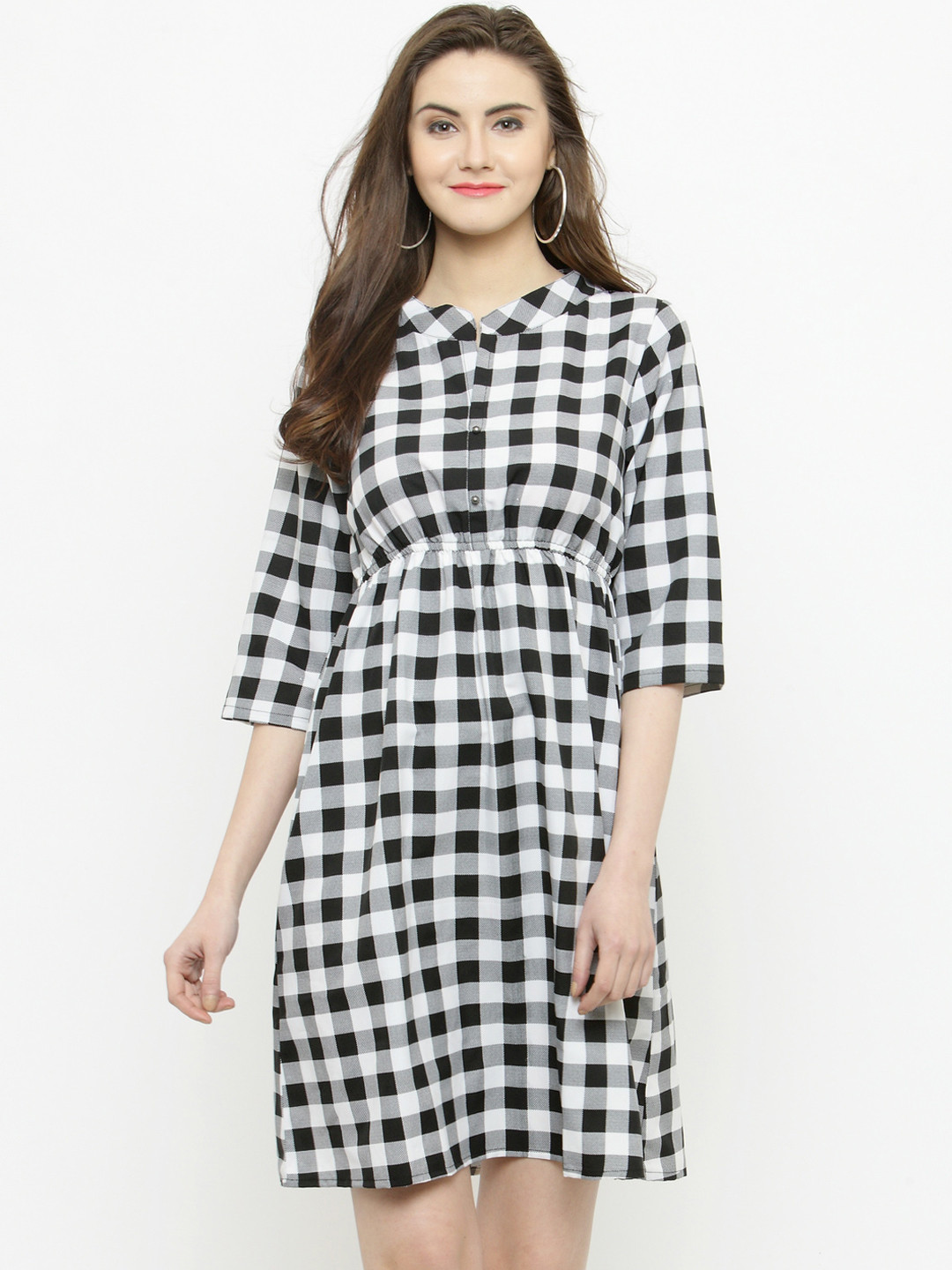 Sera Women White & Black Checked Fit and Flare Dress