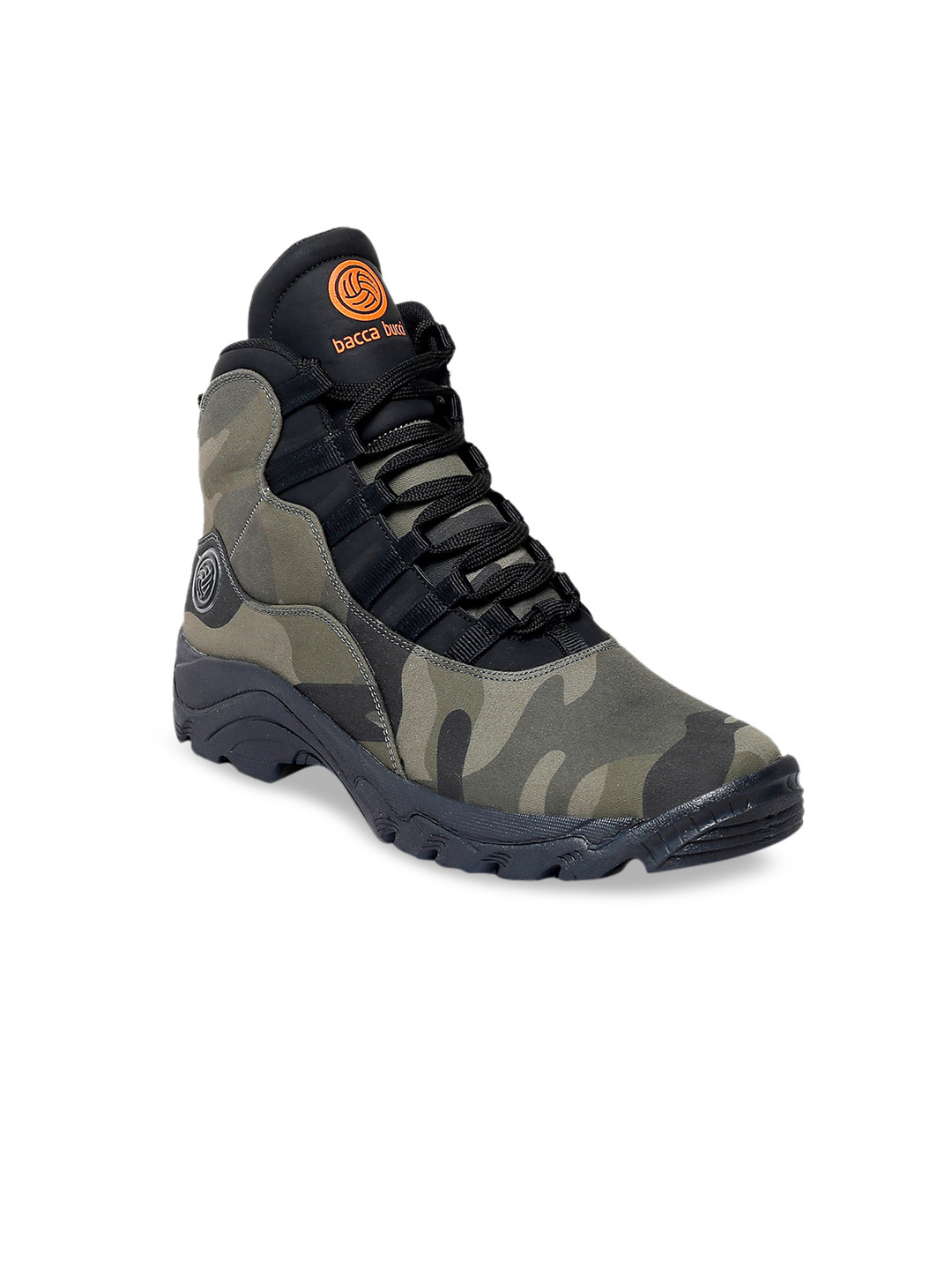 bacca bucci Men Olive Green Printed Canvas High-Top Flat Boots