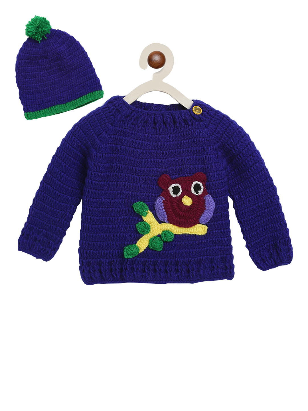 CHUTPUT Kids Navy Blue Self Design Pullover Sweater & Beanie