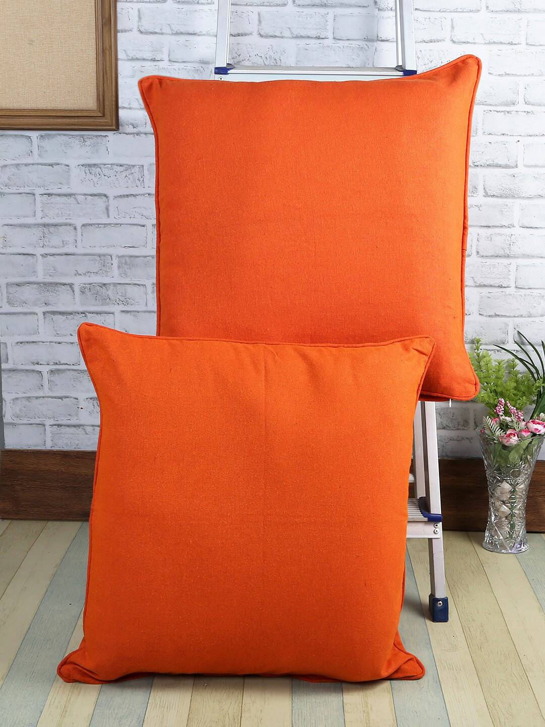 Soumya Orange Cotton Breathable 2 Piece Textured Square Cushion Covers -24x24In
