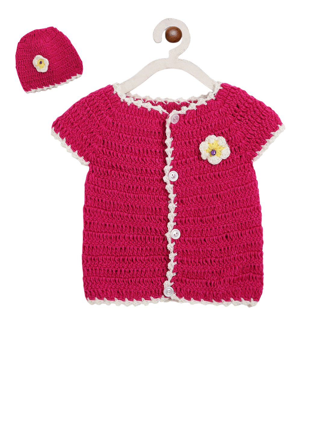 CHUTPUT Kids Pink Self Design Front-Open Crochet Woolen Sweater