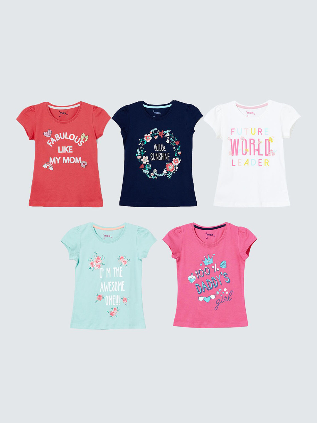 max Girls Pack Of 5 Multicoloured Printed Round Neck Pure Cotton T-shirts