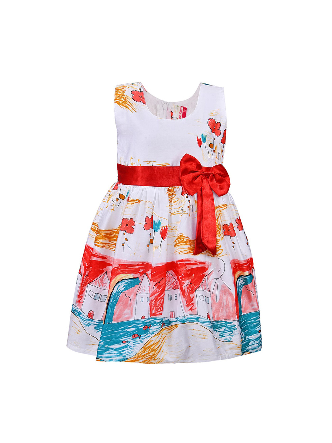 Wish Karo Girls White & Red Floral Print Fit and Flare Dress