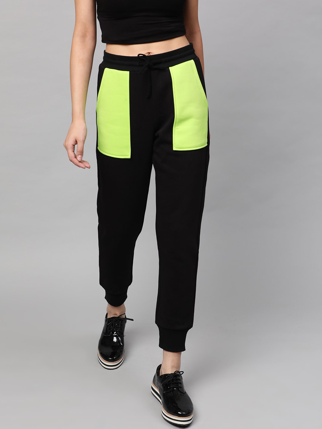 STREET 9 Women Black & Fluorescent Green Slim Fit Printed Joggers