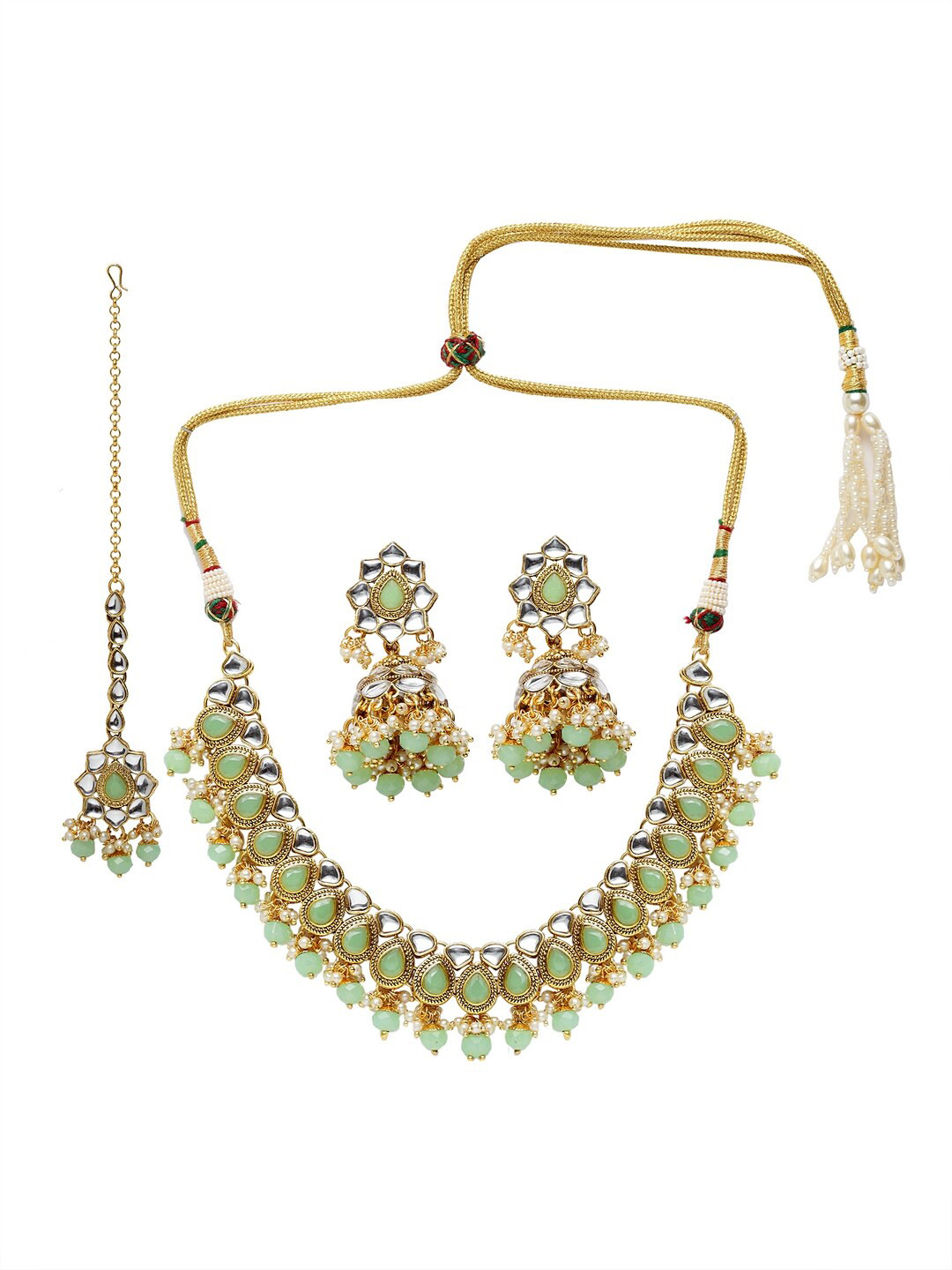 ANIKAS CREATION Gold-Plated Sea-Green & White Kundan & Stone-Studded Beaded Sustainable Handcrafted Jewellery Set