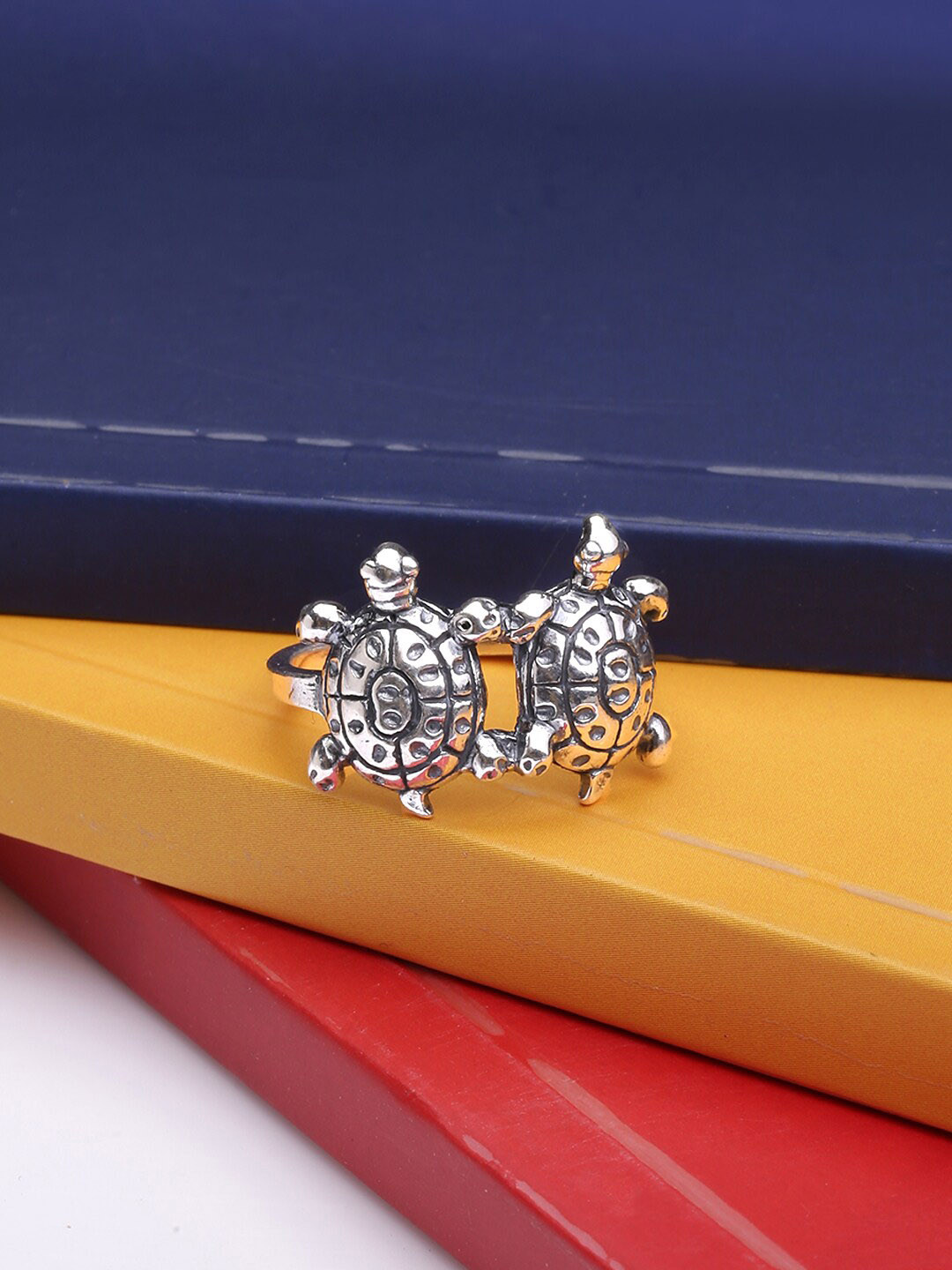 Yellow Chimes Oxidised 925 Sterling Silver Dual Tortoise Luck Charm Handcrafted Finger Ring