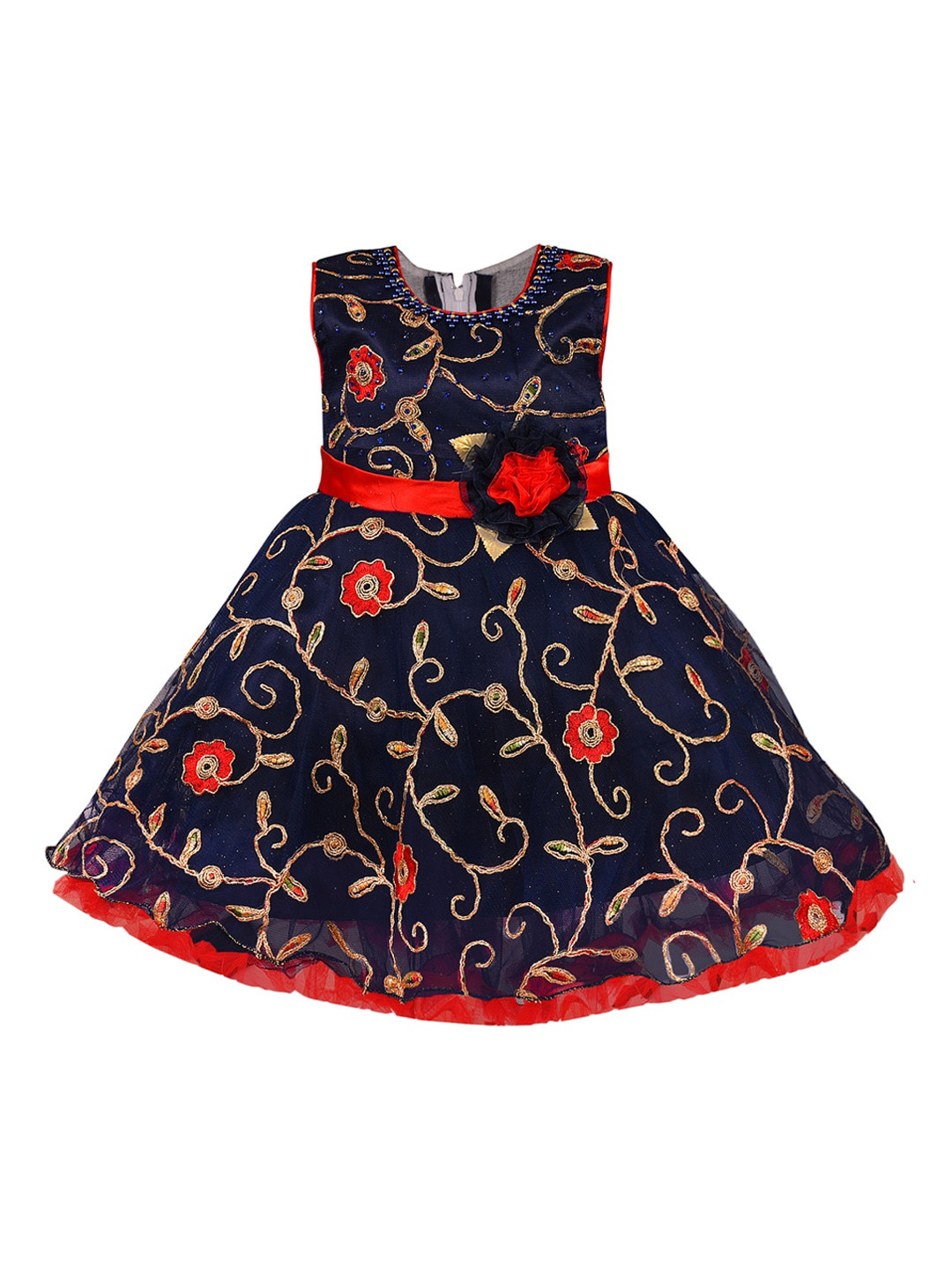 Wish Karo Girls Navy Blue & Red Embroidered Fit and Flare Dress