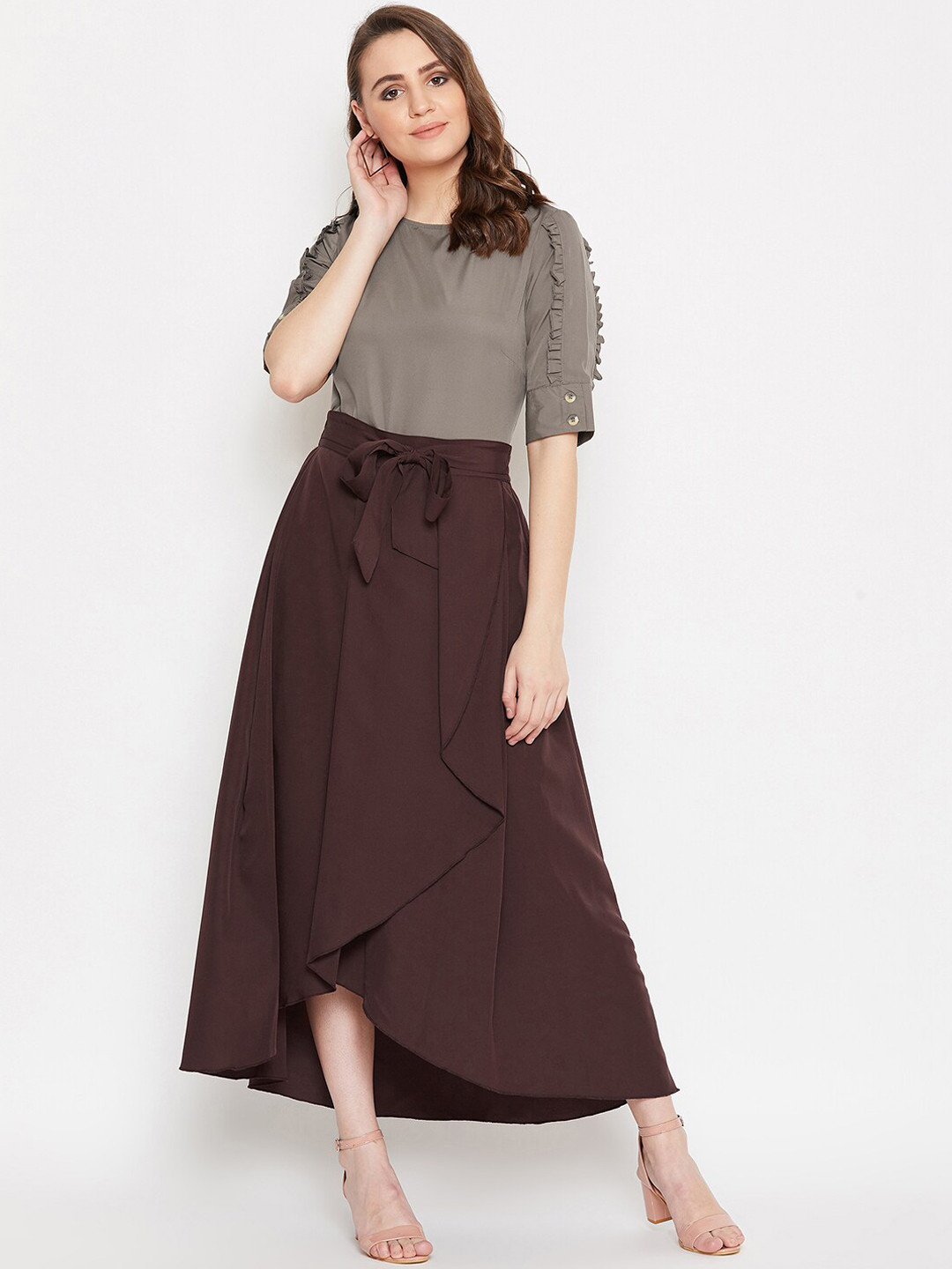 Bitterlime Women Grey & Coffee Brown Solid Top with Skirt