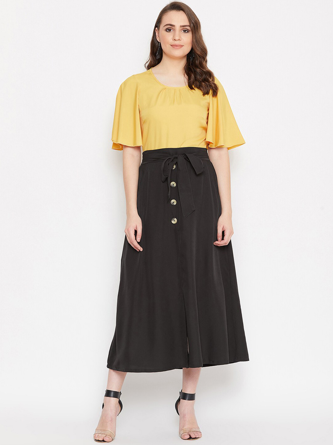 Bitterlime Women Yellow & Black Solid Top with Skirt