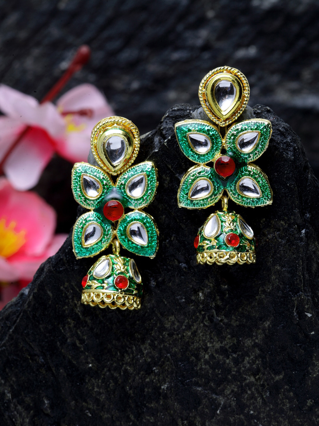 Moedbuille Green & Gold Floral Kundan Jhumkas