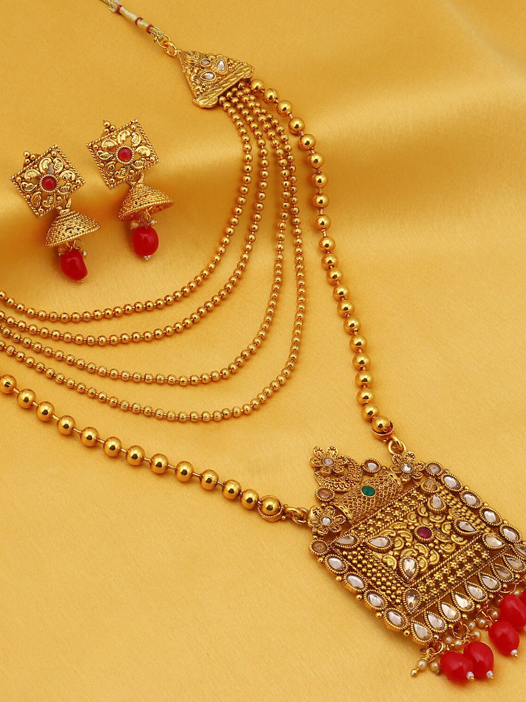 Sukkhi Gold-Plated Red & White LCT Stone-Studded Beaded Antique Layered Jewellery Set