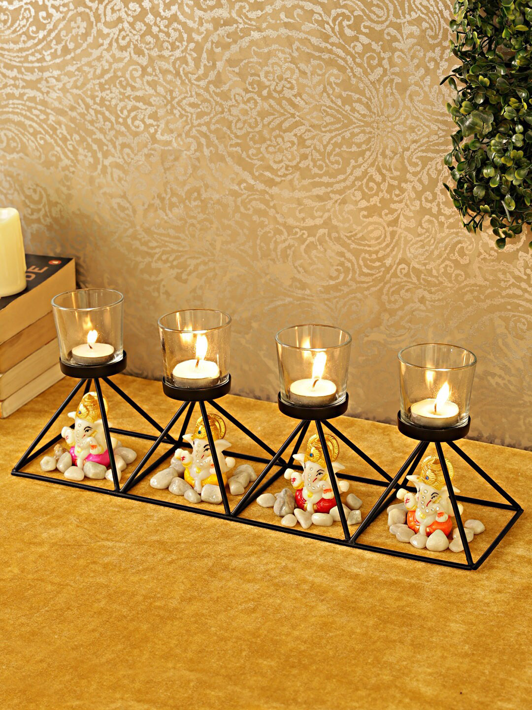 TIED RIBBONS Multicoloured Tealight Candle Holder with Mini Ganesha Figurines