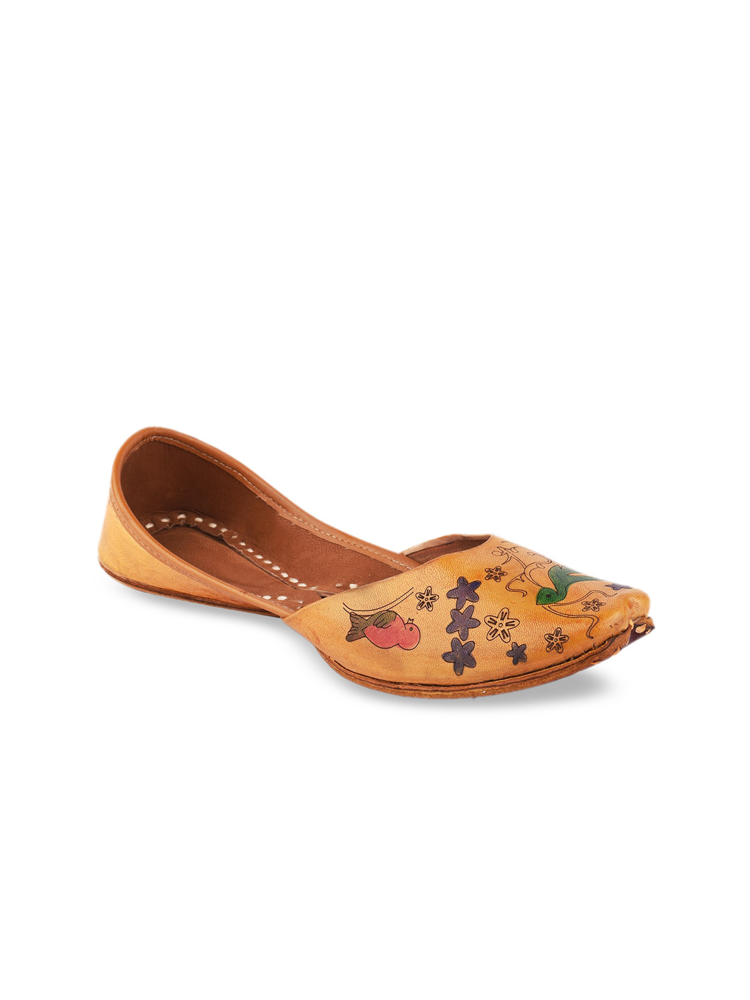DESI COLOUR Women Tan Brown Printed Leather Mojaris