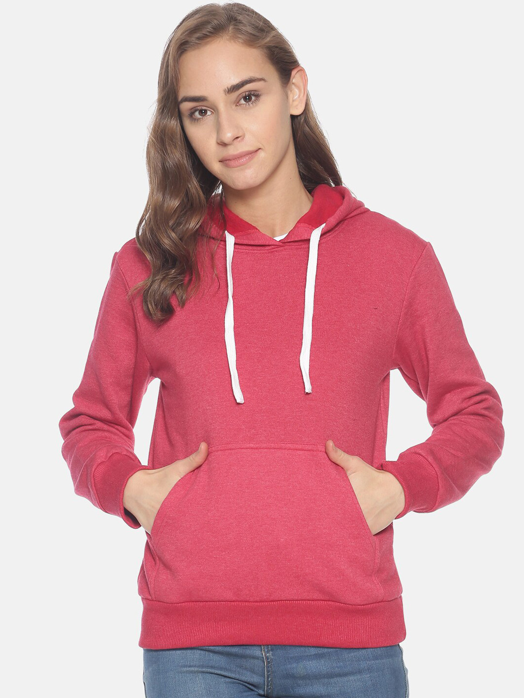Campus Sutra Women Coral Red Solid Hooded Sweatshirt