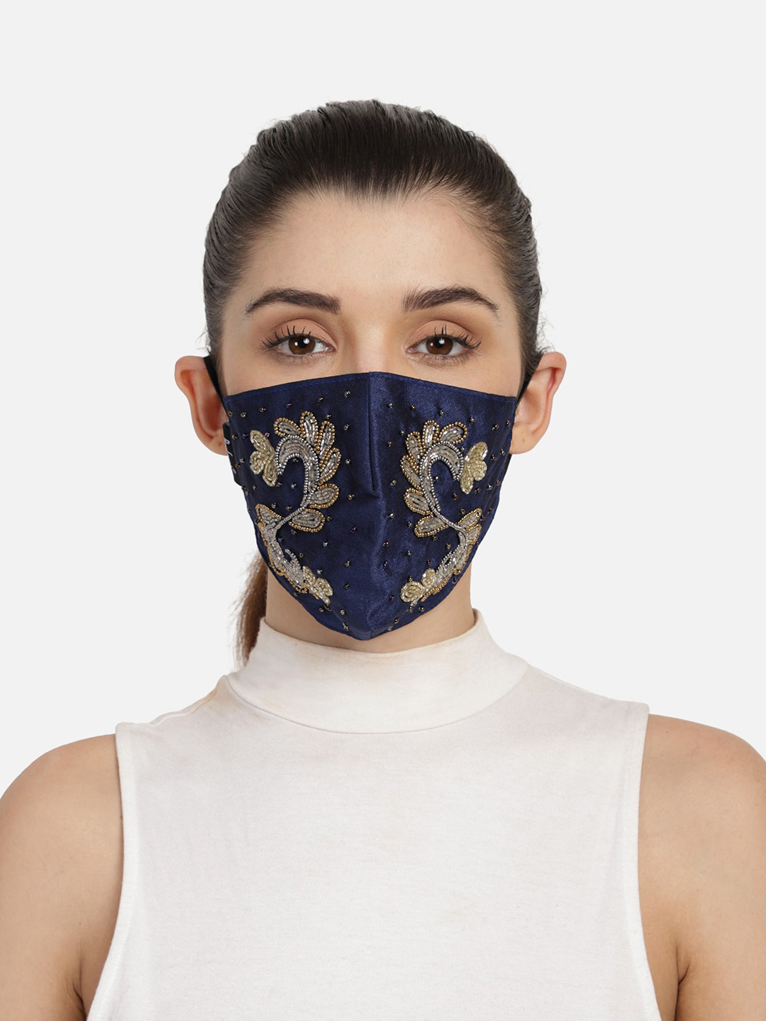 Anekaant Women Navy Blue & Gold-Toned Art Silk Embellished 3-Ply Reusable Cloth Mask