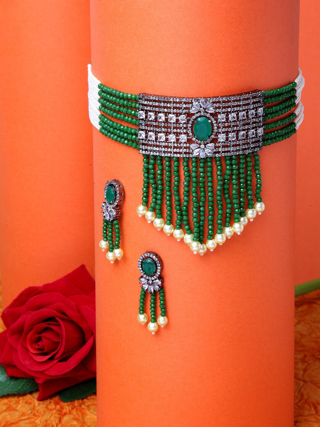 Moedbuille Silver Plated & Green Onyx Stones & American Diamond Studded Jewelry Set