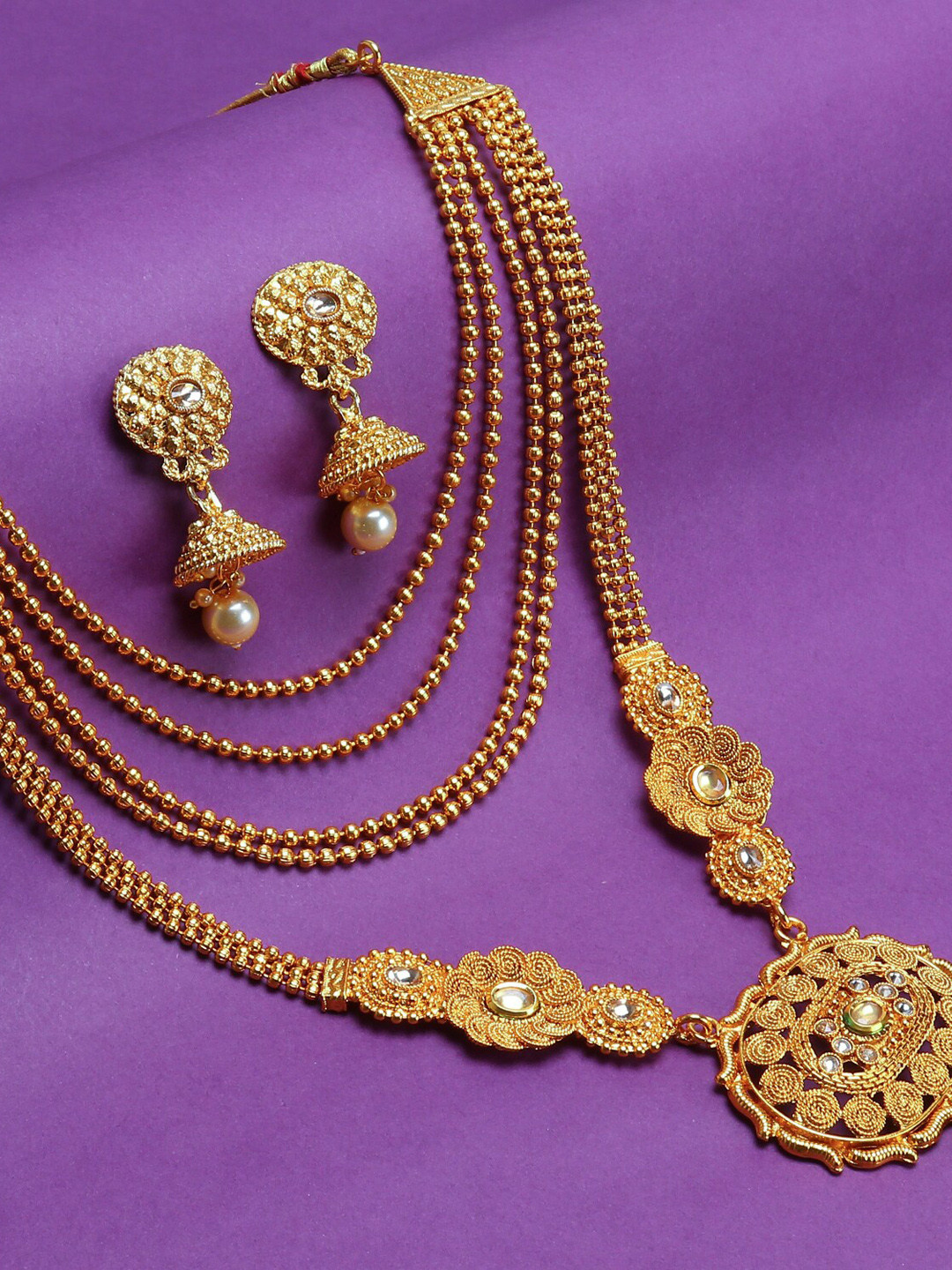 Sukkhi Gold-Plated White & Tan Brown Stone-Studded Beaded Jewellery Set