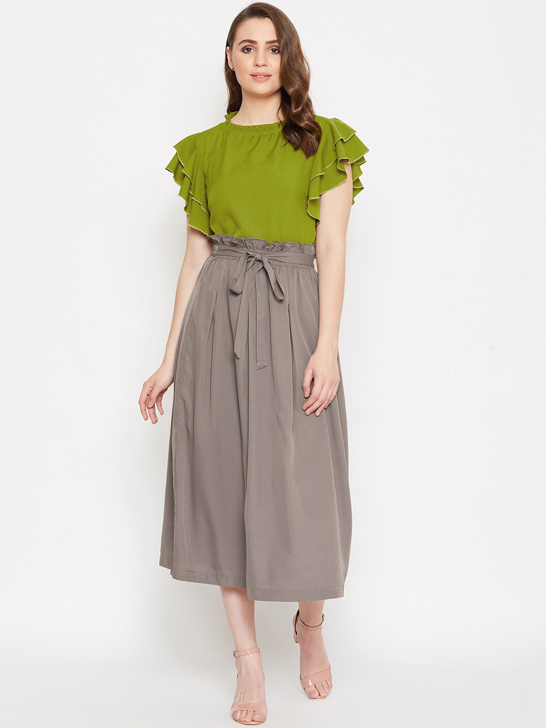 Bitterlime Women Green & Taupe Solid Top with Skirt