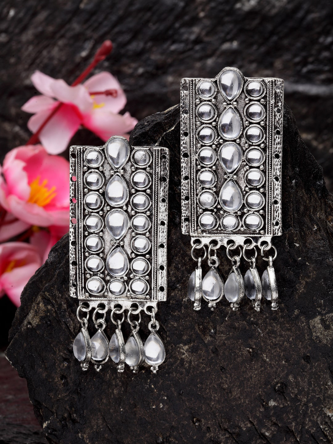 Moedbuille Silver-Toned German Silver Oxidised Afghan Design Tasselled Square Studs