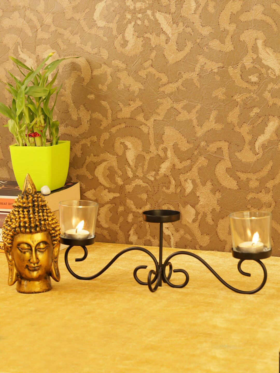 TIED RIBBONS Black & Transparent Table Candle Holder With Tea Lights & Buddha Showpiece