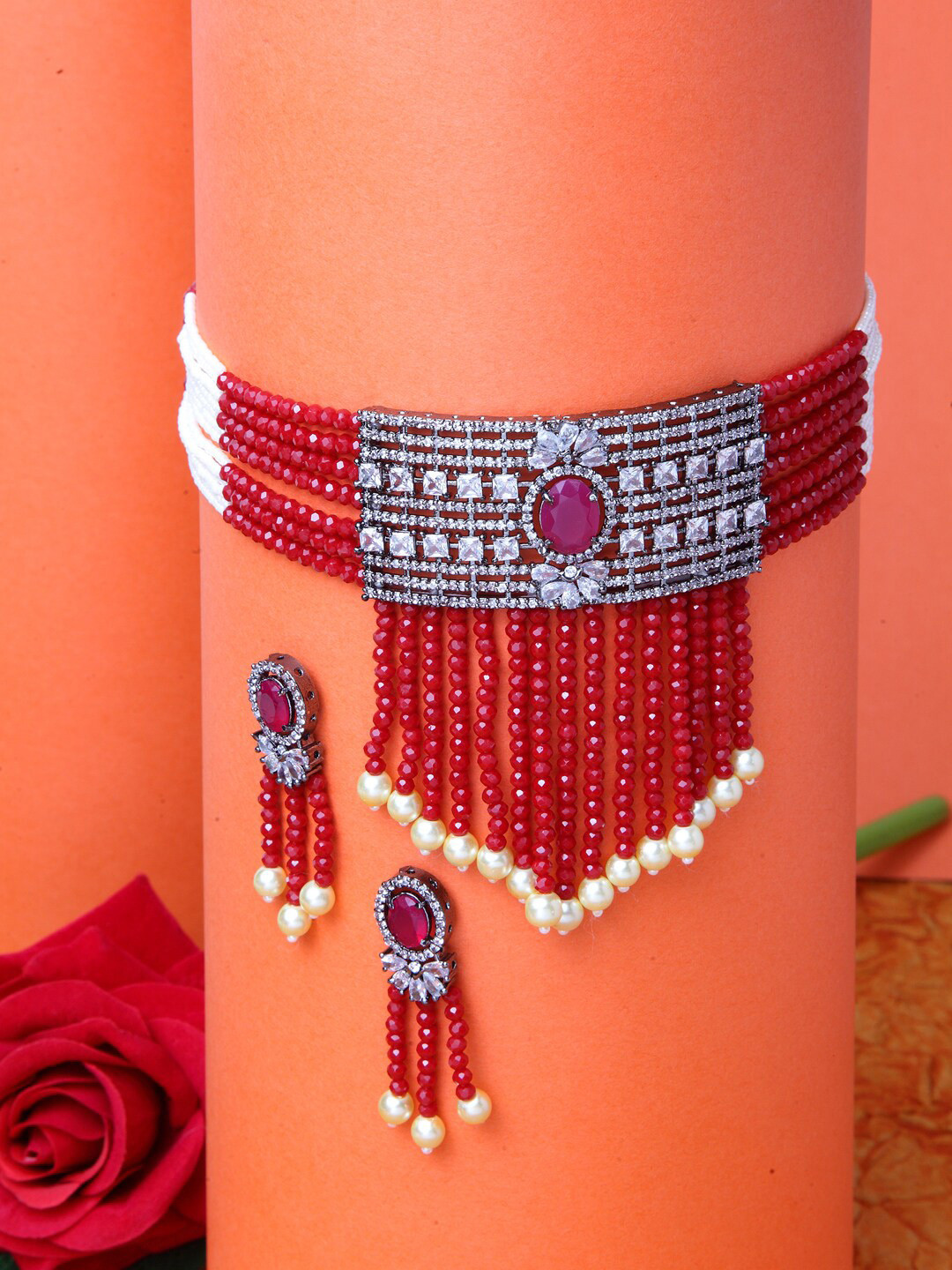 Moedbuille Silver-Plated Red & White Stone & AD-Studded Onyx Beaded Jadau Jewellery Set