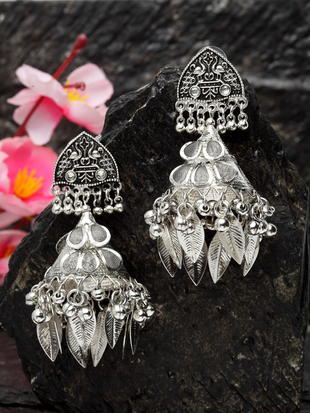 Moedbuille Silver-Toned Handcrafted Filigree Work Antique Oxidised Dome Shaped Jhumkas