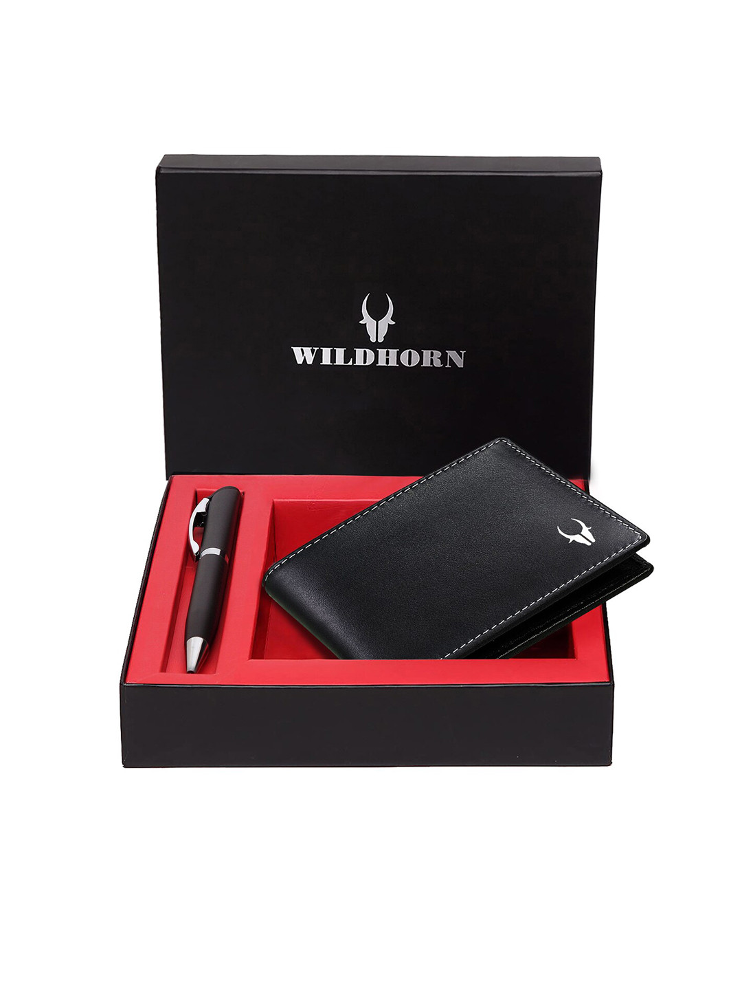 WildHorn Men Black & Silver-Toned RFID Protected Genuine Leather Wallet & Pen Accessory Gift Set