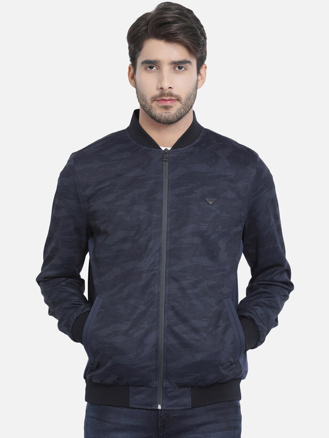 t-base Men Navy Blue Camouflage Printed Lightweight Bomber