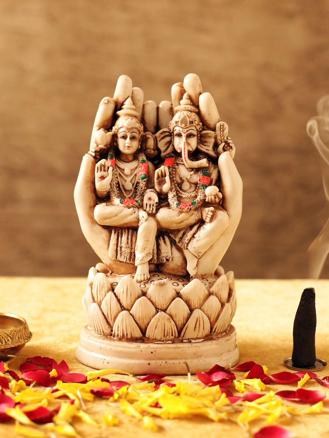 TIED RIBBONS Off-White & Brown Polyresin Goddess Lakshmi & Lord Ganesha Showpiece
