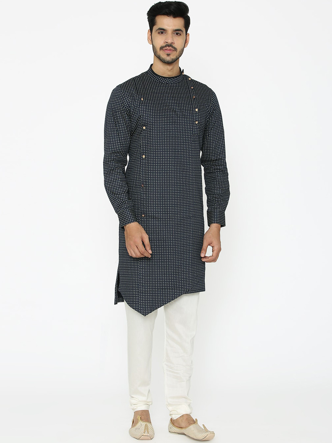Manu Men Navy Blue & Off-White Printed Straight Kurta