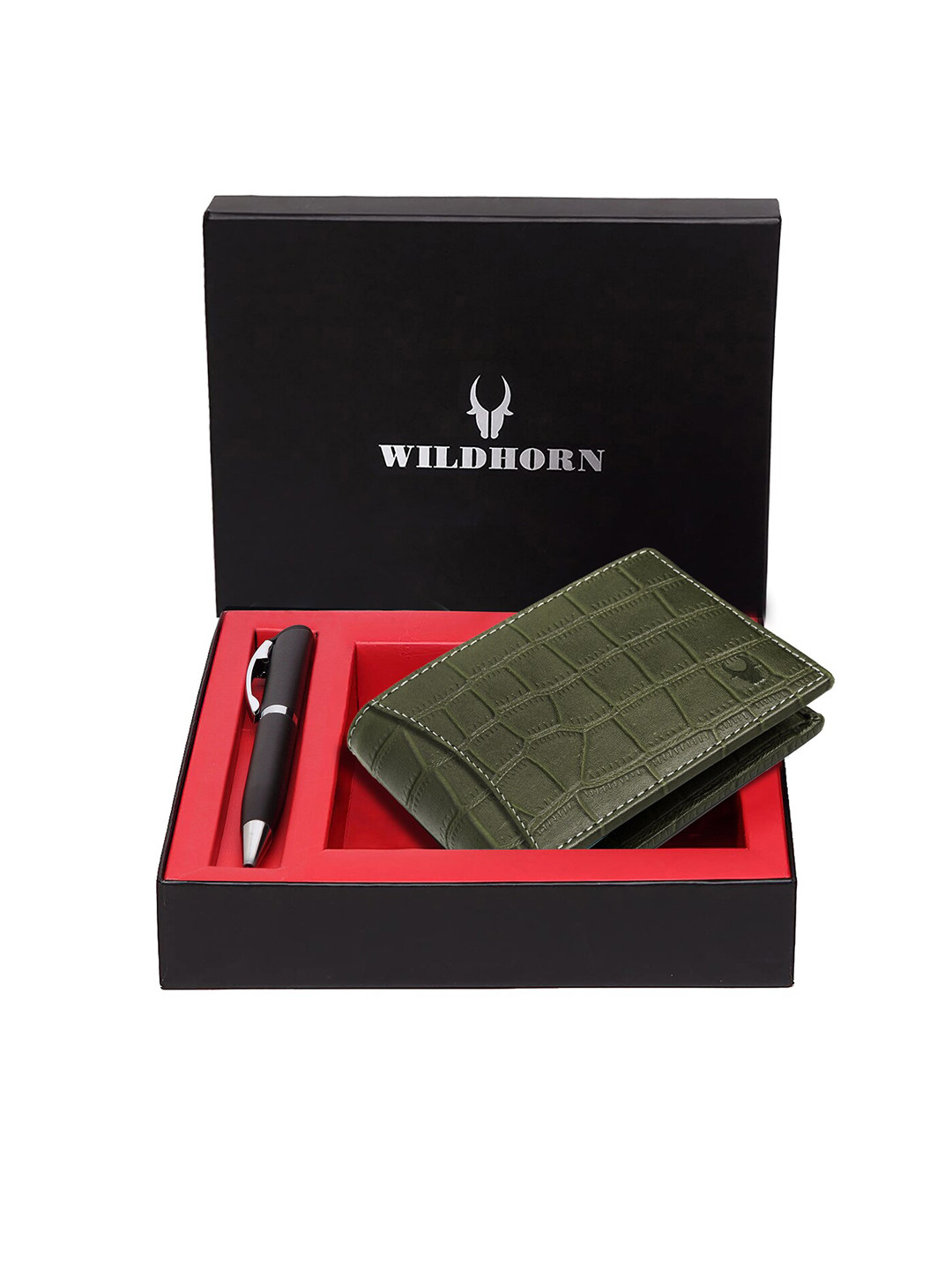 WildHorn Men Green & Black RFID Protected Genuine Leather Wallet & Pen Accessory Gift Set