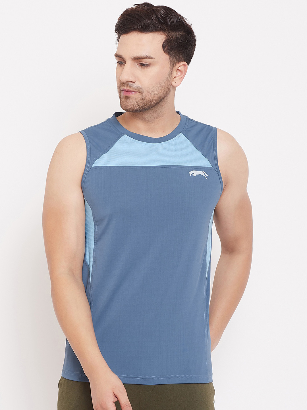 JUMP USA Men Blue Colourblocked Round Neck Sleeveless T-shirt