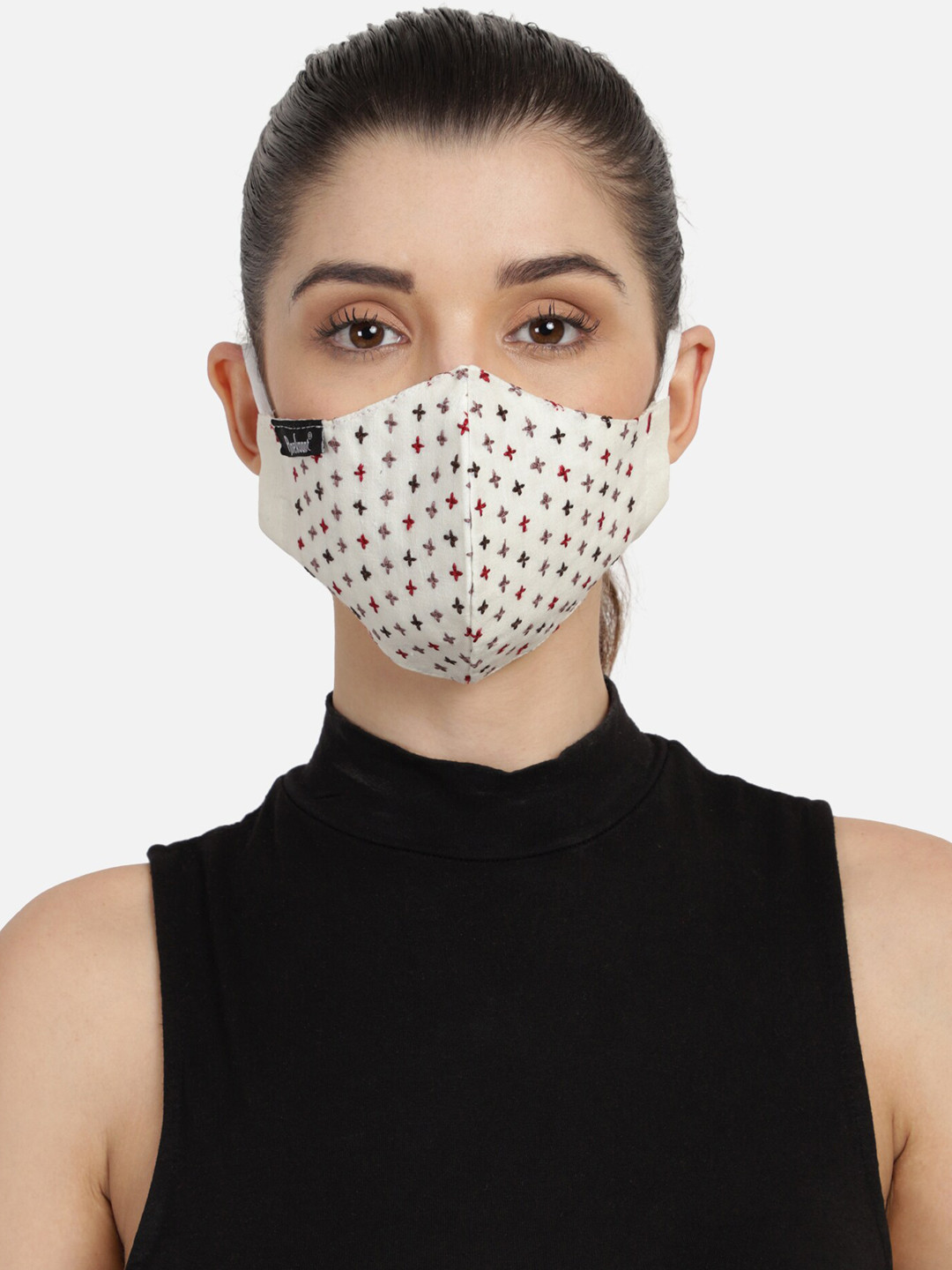 Anekaant Women Cream-Coloured  3-Ply Embroidered Fabric Fashion Mask