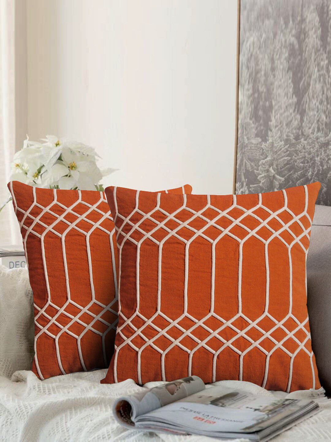 aRDENMEAD Rust Embroidered Cotton Durable 2 Pcs Square Cushion Covers - 15.7 x 15.7 In