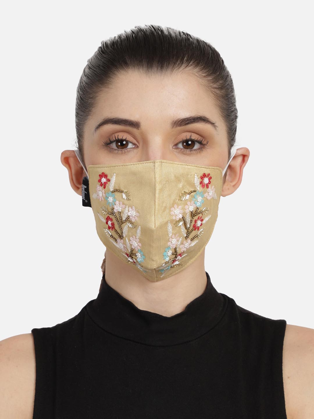 Anekaant Women Gold-Coloured & Red Faux Silk Embellished Fabric Reusable 3-Ply Mask