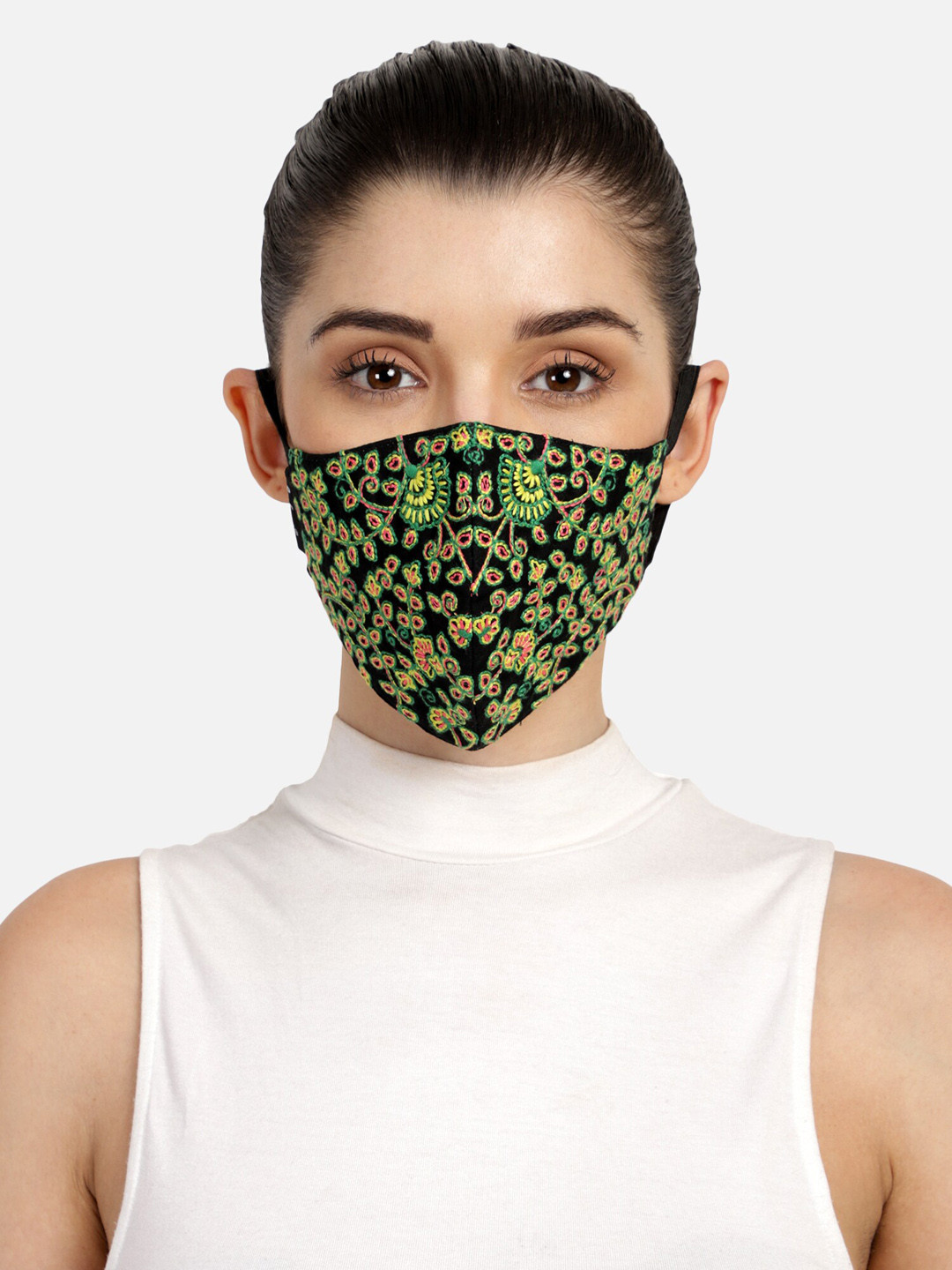 Anekaant Women Black Embroidered 3-Ply Anti-Dust Reusable Mask