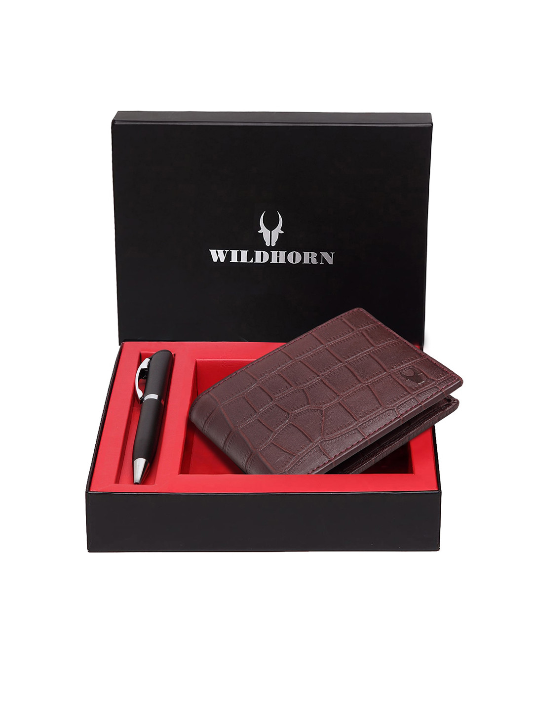 WildHorn Men Brown & Black RIFD Protected Genuine Leather Wallet & Pen Accessory Gift Set