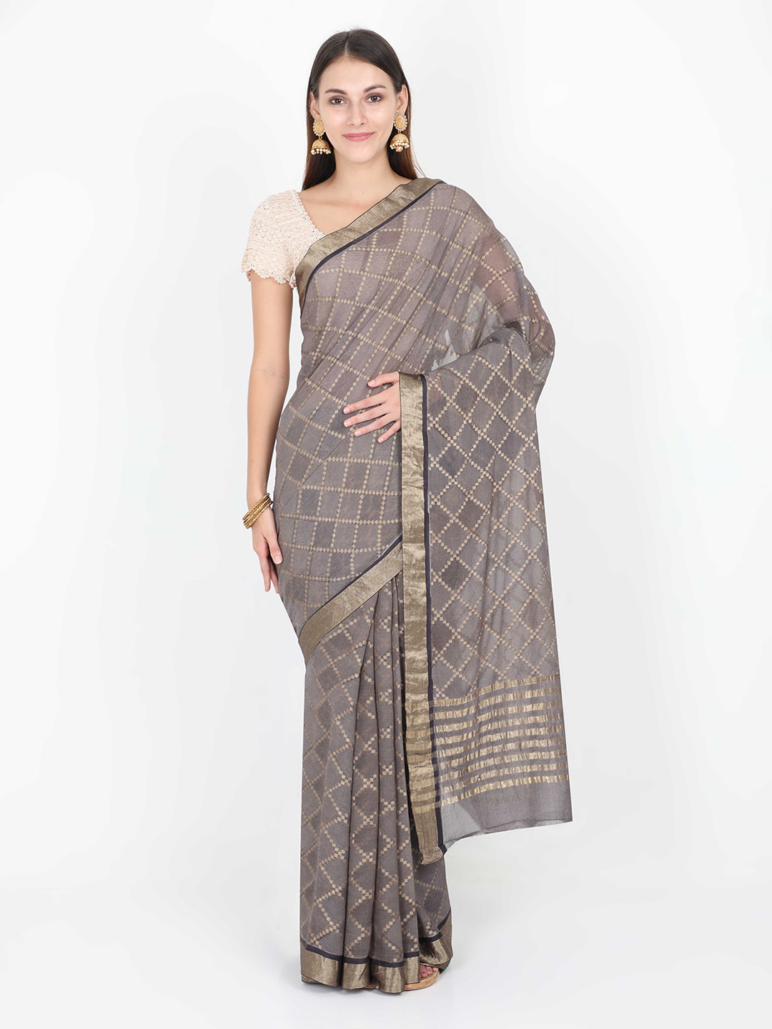 SABOO COLLECTIONS Grey Checked Pure Georgette Saree