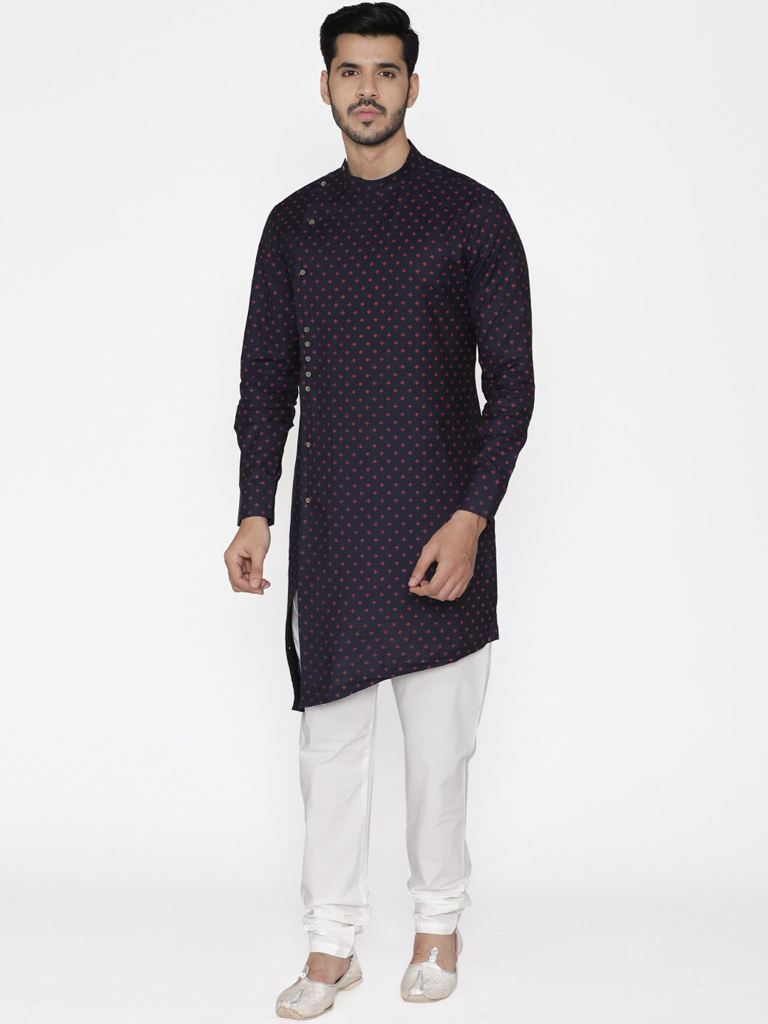 Manu Men Navy Blue & Red Floral Print Straight Kurta