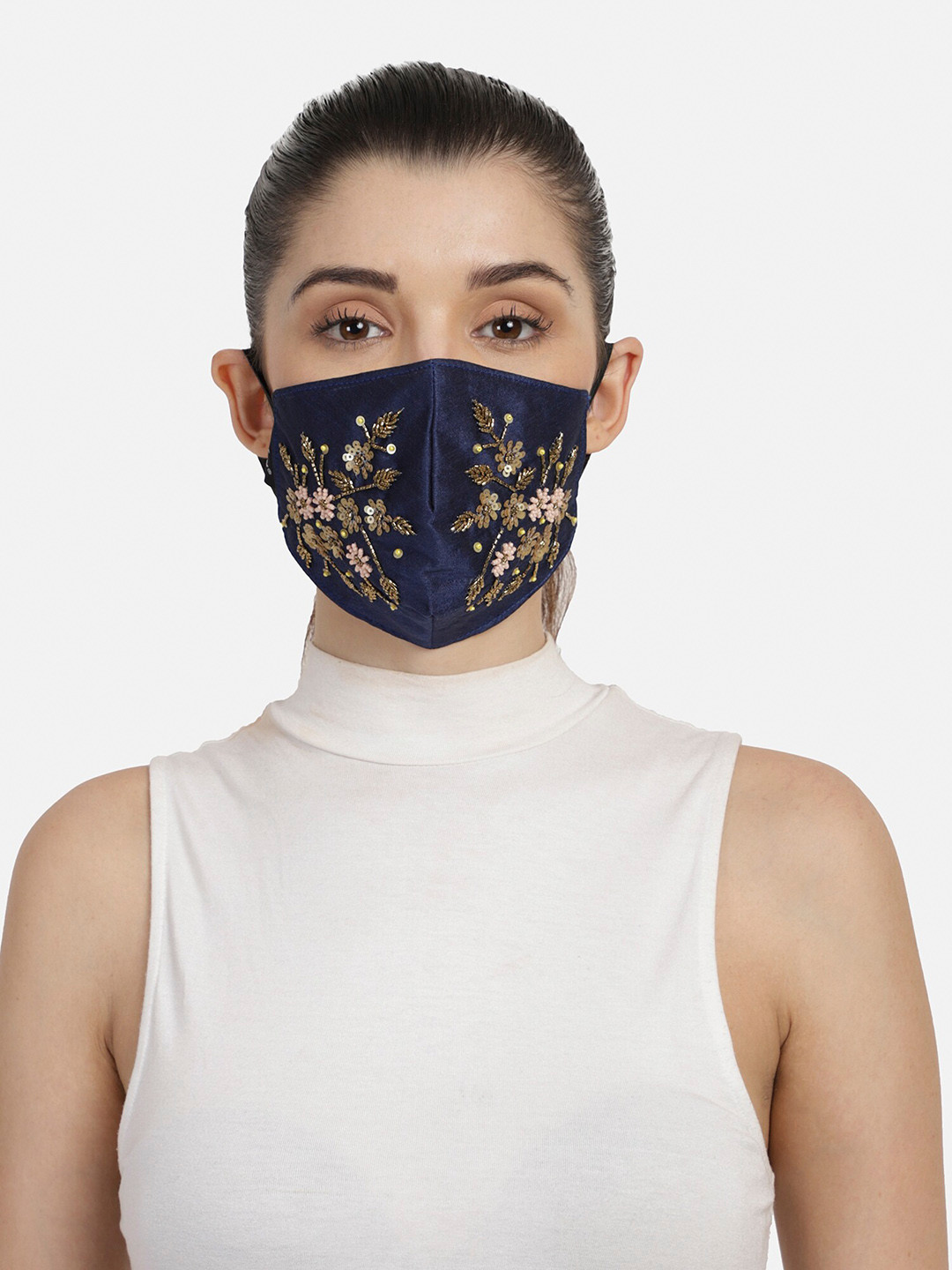 Anekaant Women Blue Embroidered 3-Ply Reusable Denim Fabric Cloth Mask