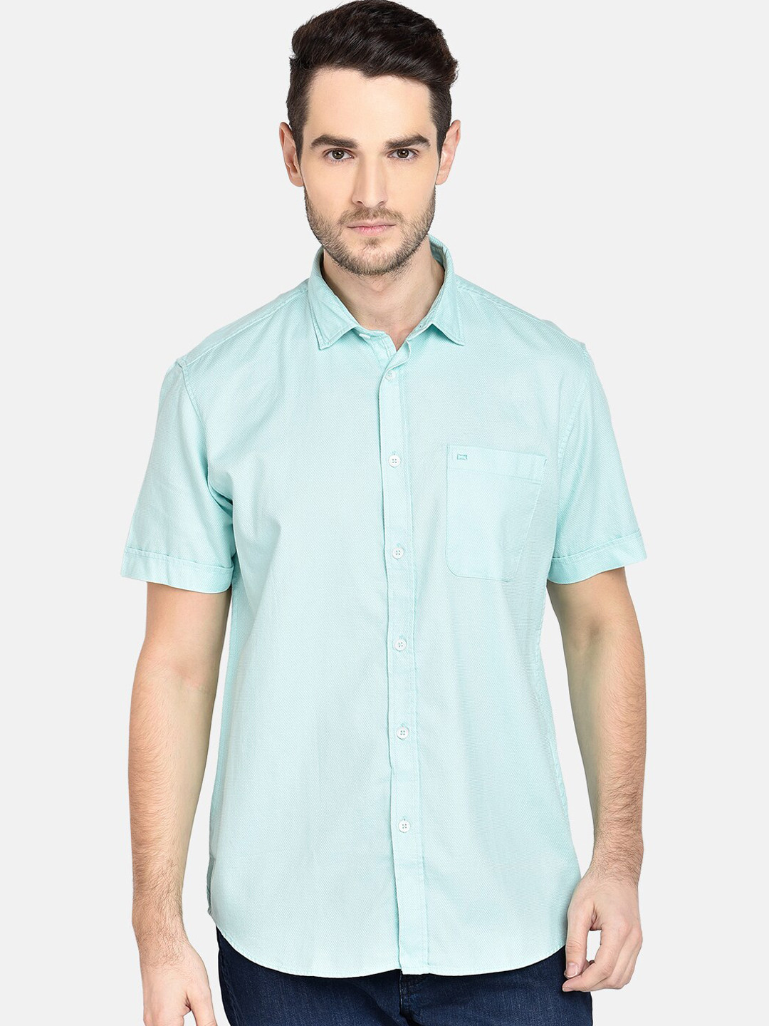 Basics Men Turquoise Blue Slim Fit Self Design Casual Shirt