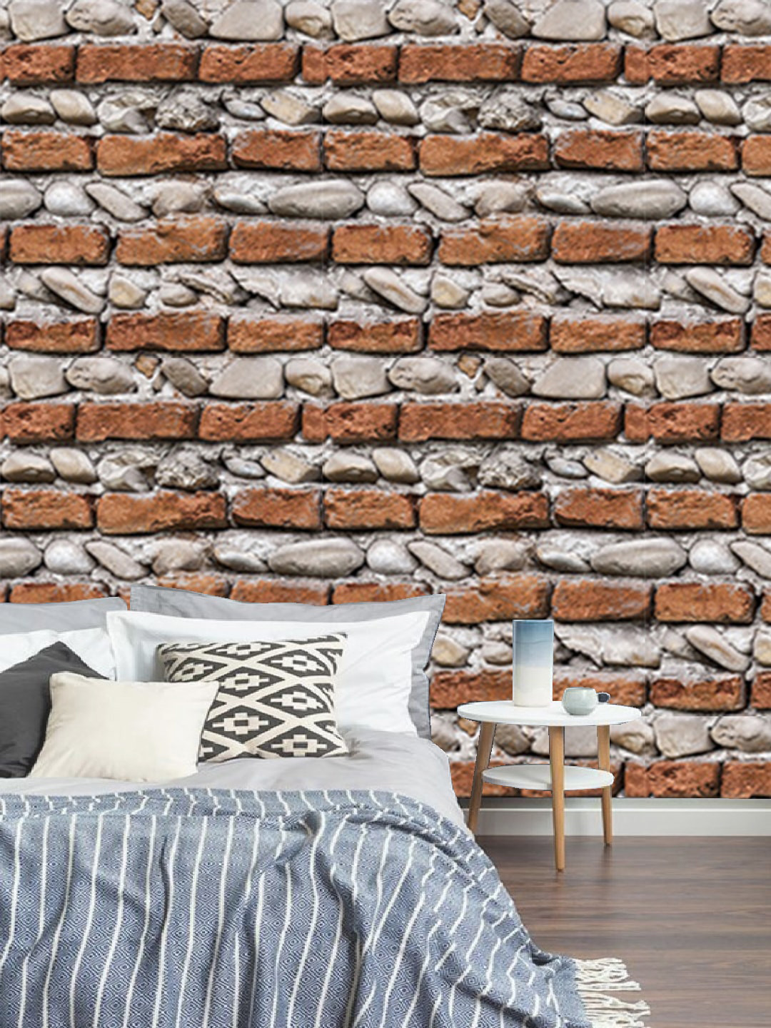 Jaamso Royals Brown & Off-White Stone Brick Printed Self Adhesive Removable Wallpaper